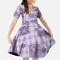 Hawaiian Quilt Tapa On Lilac Palaka Motifs Kid Short Sleeve Dress LT7 KID Lilac - Polynesian Pride