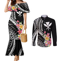 AAPI Heritage Month Couples Matching Mermaid Dress and Long Sleeve Button Shirt Kanaka Hawaii Plumeria LT7 Black - Polynesian Pride
