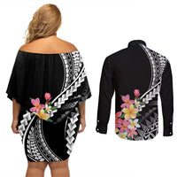 AAPI Heritage Month Couples Matching Off Shoulder Short Dress and Long Sleeve Button Shirt Kanaka Hawaii Plumeria