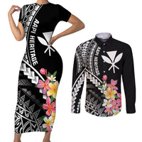 AAPI Heritage Month Couples Matching Short Sleeve Bodycon Dress and Long Sleeve Button Shirt Kanaka Hawaii Plumeria