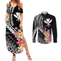 AAPI Heritage Month Couples Matching Summer Maxi Dress and Long Sleeve Button Shirt Kanaka Hawaii Plumeria LT7 Black - Polynesian Pride