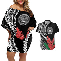 AAPI Heritage Month Couples Matching Off Shoulder Short Dress and Hawaiian Shirt Samoa Teuila LT7 Black - Polynesian Pride