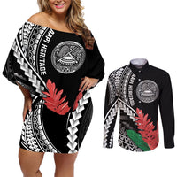AAPI Heritage Month Couples Matching Off Shoulder Short Dress and Long Sleeve Button Shirt Samoa Teuila LT7 Black - Polynesian Pride
