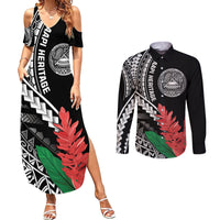 AAPI Heritage Month Couples Matching Summer Maxi Dress and Long Sleeve Button Shirt Samoa Teuila LT7 Black - Polynesian Pride