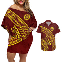 Tonga High School Couples Matching Off Shoulder Short Dress and Hawaiian Shirt THS Anniversary Ngatu Motif LT7 Maroon - Polynesian Pride