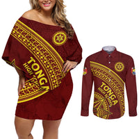 Tonga High School Couples Matching Off Shoulder Short Dress and Long Sleeve Button Shirt THS Anniversary Ngatu Motif LT7 Maroon - Polynesian Pride