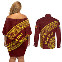 Tonga High School Couples Matching Off Shoulder Short Dress and Long Sleeve Button Shirt THS Anniversary Ngatu Motif LT7 - Polynesian Pride