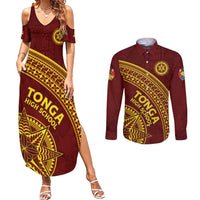 Tonga High School Couples Matching Summer Maxi Dress and Long Sleeve Button Shirt THS Anniversary Ngatu Motif LT7 Maroon - Polynesian Pride