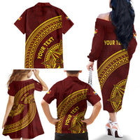 Tonga High School Family Matching Off The Shoulder Long Sleeve Dress and Hawaiian Shirt THS Anniversary Ngatu Motif