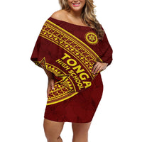 Tonga High School Off Shoulder Short Dress THS Anniversary Ngatu Motif LT7 Women Maroon - Polynesian Pride