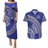 Tupou College Toloa Couples Matching Puletasi and Hawaiian Shirt Ngatu Tapa Mix Style LT7 Blue - Polynesian Pride