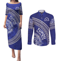 Tupou College Toloa Couples Matching Puletasi and Long Sleeve Button Shirt Ngatu Tapa Mix Style LT7 Blue - Polynesian Pride