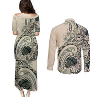 Aloha Hawaii Tapa Couples Matching Puletasi and Long Sleeve Button Shirt Summer Green Hawaiian Ipu LT7 - Polynesian Pride