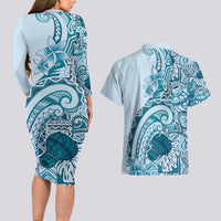 Aloha Hawaii Tapa Couples Matching Long Sleeve Bodycon Dress and Hawaiian Shirt Cool Turquoise Hawaiian Ipu - Polynesian Pride