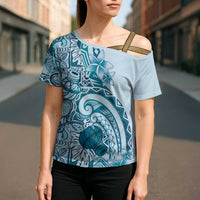 Aloha Hawaii Tapa Cross Shoulder Shirt Cool Turquoise Hawaiian Ipu - Polynesian Pride