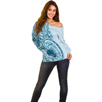 Aloha Hawaii Tapa Off Shoulder Sweater Cool Turquoise Hawaiian Ipu - Polynesian Pride