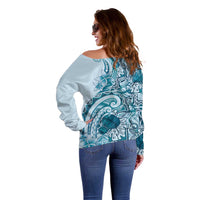 Aloha Hawaii Tapa Off Shoulder Sweater Cool Turquoise Hawaiian Ipu - Polynesian Pride