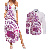 Aloha Hawaii Tapa Couples Matching Summer Maxi Dress and Long Sleeve Button Shirt Vibrant Fuchsia Hawaiian Ipu - Polynesian Pride