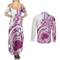 Aloha Hawaii Tapa Couples Matching Summer Maxi Dress and Long Sleeve Button Shirt Vibrant Fuchsia Hawaiian Ipu - Polynesian Pride
