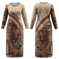 Samoa Mamanu Siapo Mocha Couples Matching Long Sleeve Bodycon Dress and Long Sleeve Button Shirt Tatau Malie