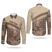 Samoa Mamanu Siapo Mocha Couples Matching Mermaid Dress and Long Sleeve Button Shirt Tatau Malie