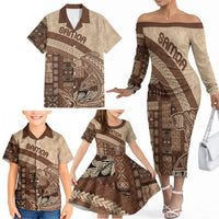 Samoa Mamanu Siapo Mocha Family Matching Off The Shoulder Long Sleeve Dress and Hawaiian Shirt Tatau Malie