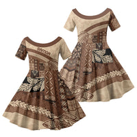 Samoa Mamanu Siapo Mocha Family Matching Off Shoulder Short Dress and Hawaiian Shirt Tatau Malie