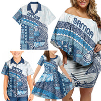 Samoa Mamanu Siapo Royal Blue Family Matching Off Shoulder Short Dress and Hawaiian Shirt Tatau Malie
