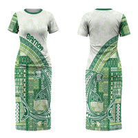 Samoa Mamanu Siapo Forest Green Couples Matching Short Sleeve Bodycon Dress and Hawaiian Shirt Tatau Malie