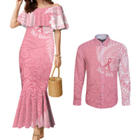 Personalised New Zealand Couples Matching Mermaid Dress and Long Sleeve Button Shirts Pink Ribbon Tattoo Mix Silver Fern LT7 Pink - Polynesian Pride