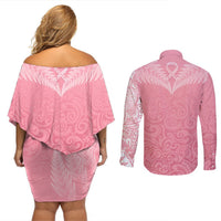 Personalised New Zealand Couples Matching Off Shoulder Short Dress and Long Sleeve Button Shirts Pink Ribbon Tattoo Mix Silver Fern LT7 - Polynesian Pride