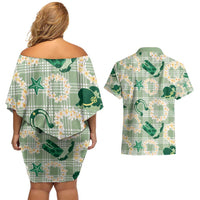 Aloha Hawaii Paniolo Mint Palaka Couples Matching Off Shoulder Short Dress and Hawaiian Shirt Coastal Rodeo - Polynesian Pride