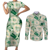 Aloha Hawaii Paniolo Mint Palaka Couples Matching Short Sleeve Bodycon Dress and Long Sleeve Button Shirt Coastal Rodeo - Polynesian Pride