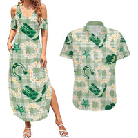 Aloha Hawaii Paniolo Mint Palaka Couples Matching Summer Maxi Dress and Hawaiian Shirt Coastal Rodeo - Polynesian Pride