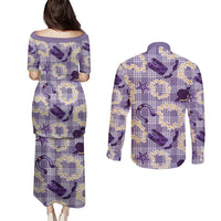 Aloha Hawaii Paniolo Lavender Palaka Couples Matching Puletasi and Long Sleeve Button Shirt Coastal Rodeo LT7 - Polynesian Pride