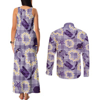 Aloha Hawaii Paniolo Lavender Palaka Couples Matching Tank Maxi Dress and Long Sleeve Button Shirt Coastal Rodeo - Polynesian Pride