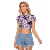 Aloha Hawaii Paniolo Lavender Palaka Raglan Cropped T Shirt Coastal Rodeo - Polynesian Pride