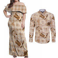 Aloha Hawaii Paniolo Khaki Palaka Couples Matching Off Shoulder Maxi Dress and Long Sleeve Button Shirt Coastal Rodeo - Polynesian Pride