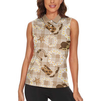 Aloha Hawaii Paniolo Khaki Palaka Women Sleeveless Polo Shirt Coastal Rodeo LT7 - Polynesian Pride