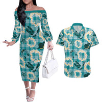 Aloha Hawaii Paniolo Teal Palaka Couples Matching Off The Shoulder Long Sleeve Dress and Hawaiian Shirt Coastal Rodeo - Polynesian Pride