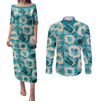 Aloha Hawaii Paniolo Teal Palaka Couples Matching Puletasi and Long Sleeve Button Shirt Coastal Rodeo LT7 Teal - Polynesian Pride