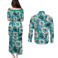Aloha Hawaii Paniolo Teal Palaka Couples Matching Puletasi and Long Sleeve Button Shirt Coastal Rodeo LT7 - Polynesian Pride