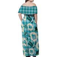 Aloha Hawaii Paniolo Teal Palaka Family Matching Off Shoulder Maxi Dress and Hawaiian Shirt Coastal Rodeo - Polynesian Pride