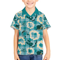 Aloha Hawaii Paniolo Teal Palaka Family Matching Off Shoulder Short Dress and Hawaiian Shirt Coastal Rodeo - Polynesian Pride