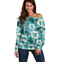 Aloha Hawaii Paniolo Teal Palaka Off Shoulder Sweater Coastal Rodeo - Polynesian Pride