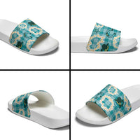 Aloha Hawaii Paniolo Teal Palaka Slide Sandals Coastal Rodeo - Polynesian Pride