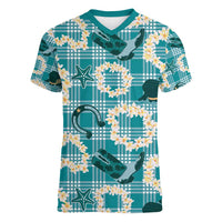 Aloha Hawaii Paniolo Teal Palaka Women V-Neck T-Shirt Coastal Rodeo - Polynesian Pride