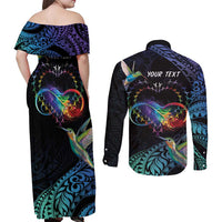 Polynesian Cancers Awareness Couples Matching Off Shoulder Maxi Dress and Long Sleeve Button Shirt Hummingbird - Fly High Until We Meet Again