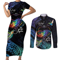 Polynesian Cancers Awareness Couples Matching Short Sleeve Bodycon Dress and Long Sleeve Button Shirt Hummingbird - Fly High Until We Meet Again