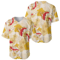 Beige Palaka Hawaii Aloha Baseball Jersey Koi Pond Mix Ilima Flowers LT7 - Polynesian Pride